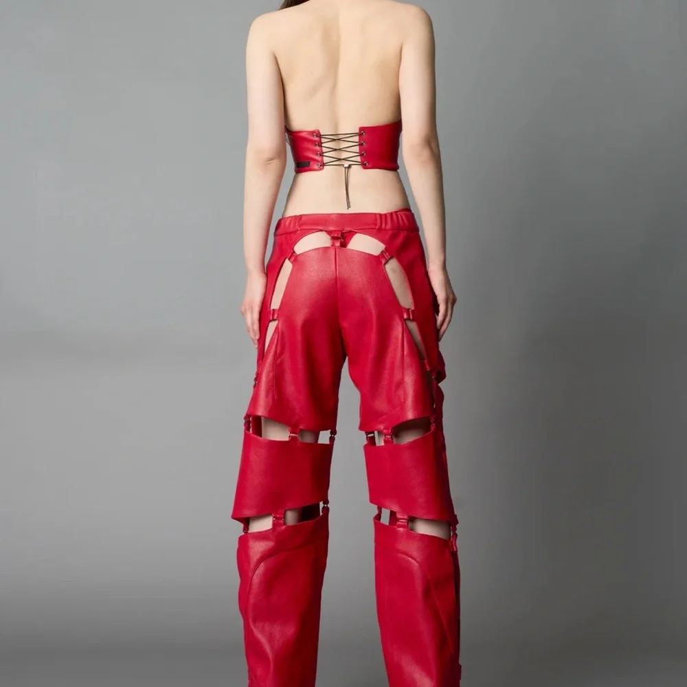 NWOT Namalia Red Cut-Out Wide Leg Pants - Picture 5 of 9